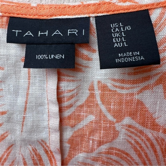 TAHARI 100% Linen Orange Tropical Leaf Dress Size Large Coastal Flutter Sleeve - Picture 7 of 11